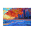 Swirling Beach puzzle image featuring a vibrant coastal skyline at sunset with swirling clouds, by Printify. 1014 Piece Art Puzzle.