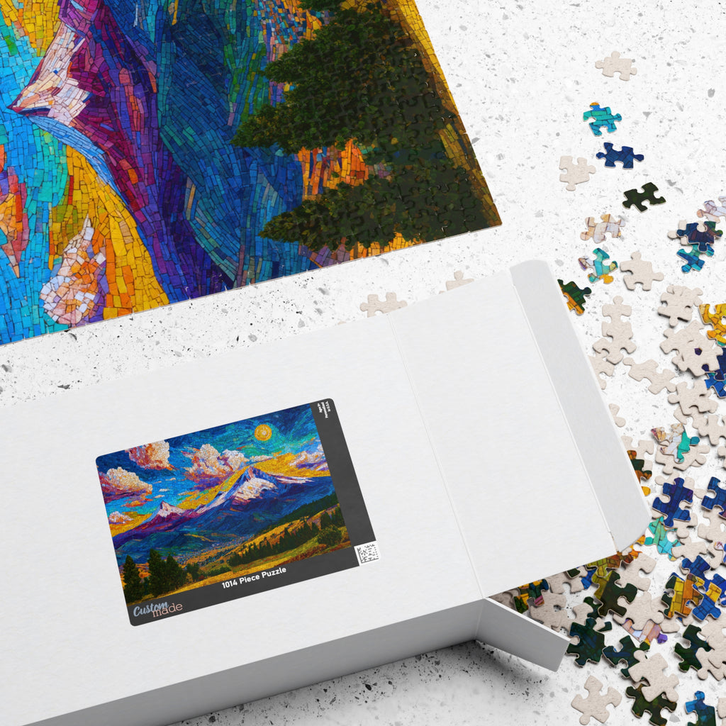 Open box displaying the Mountain Paradise 1014 Piece Art Puzzle by Printify, alongside scattered puzzle pieces and the vibrant puzzle artwork.