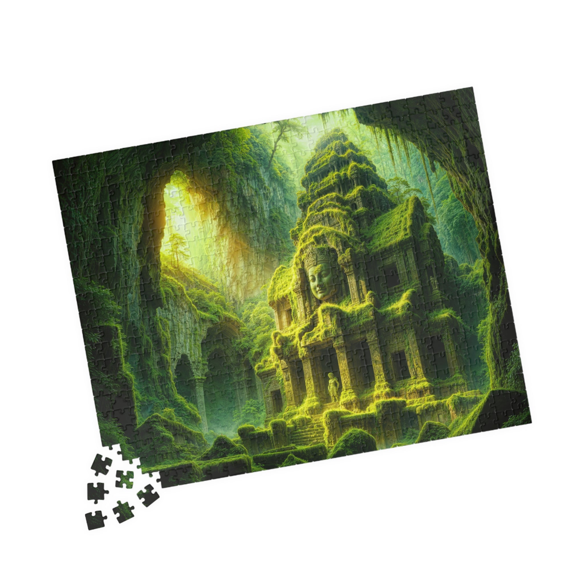 Completed puzzle depicting mystical jungle ruins in vibrant greens, part of the Ancient Temple 520 Piece Art Puzzle by Printify.