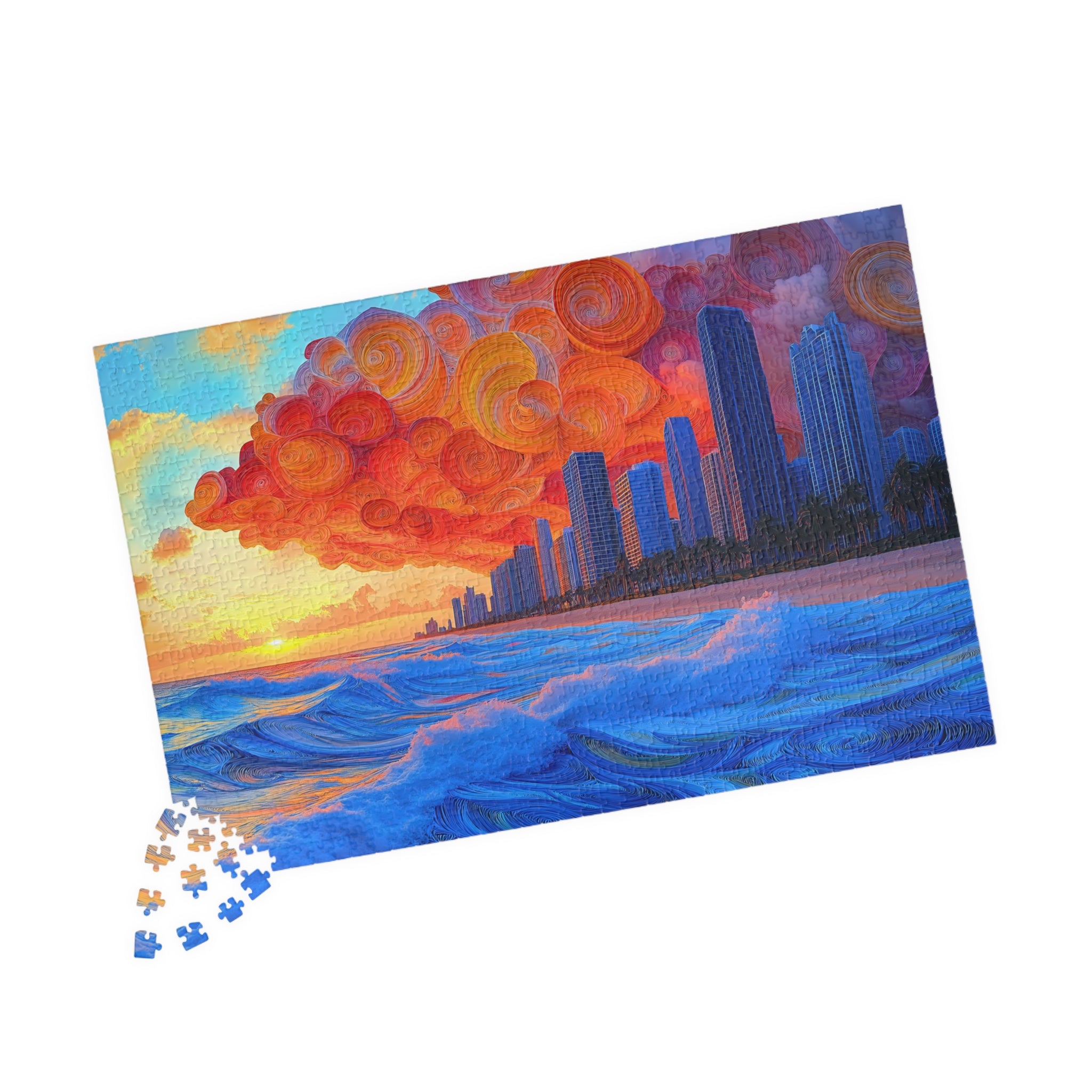 Completed Swirling Beach puzzle with ocean waves and city skyline at sunset, featuring pieces scattered around, by Printify. 1014 Piece Art Puzzle.