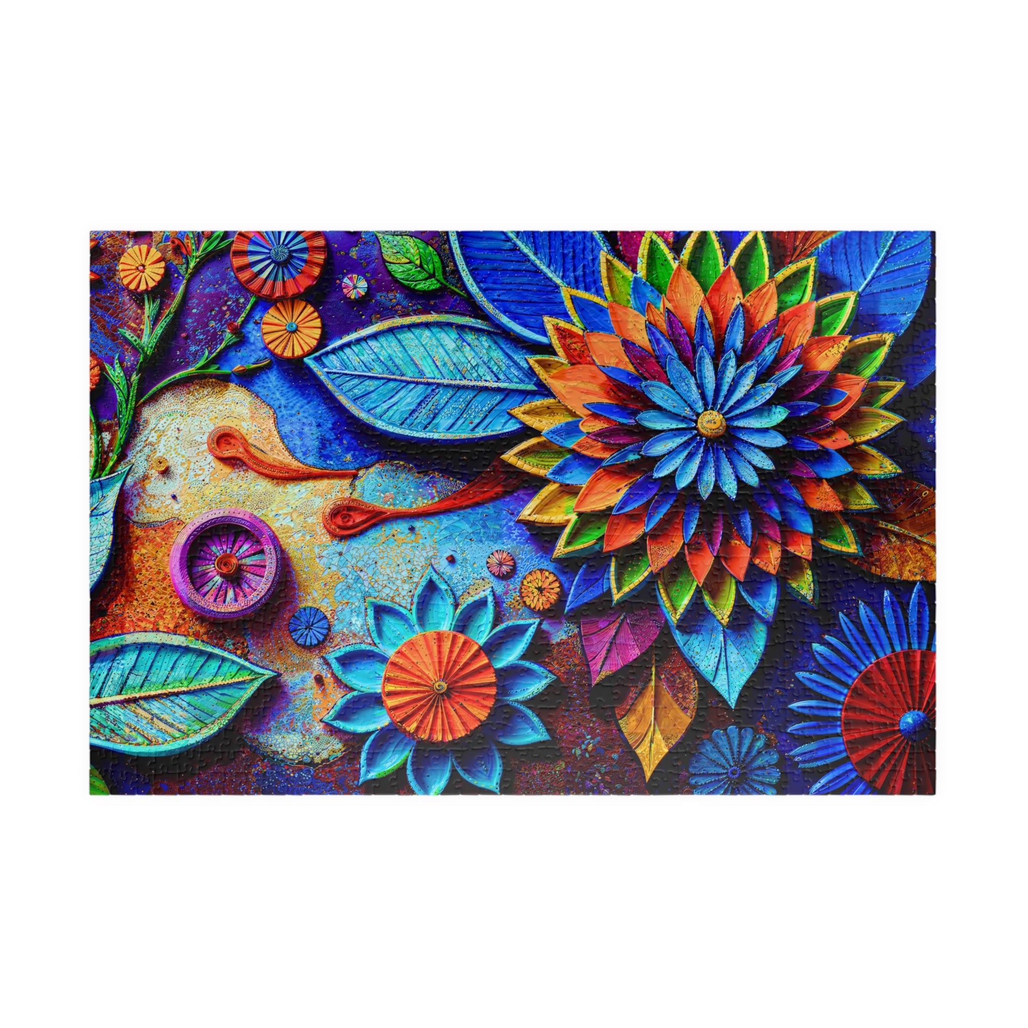 Vibrant Flower Pattern 1014 Piece Art Puzzle by Printify showcasing intricate layered floral designs in striking jewel tones, perfect for art lovers and puzzlers.