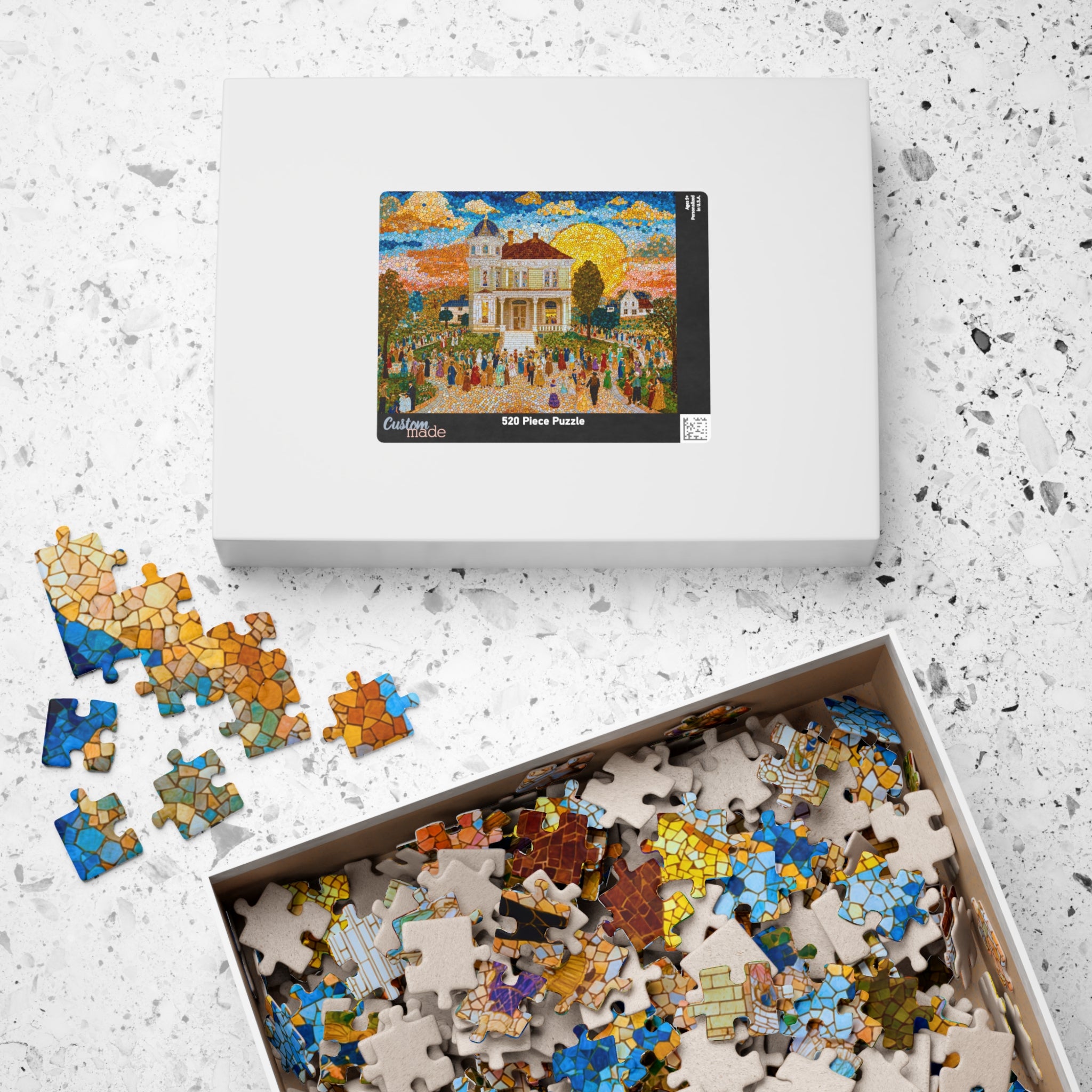 Mosaic Town Square puzzle by Printify featuring vibrant village life on the box, showcasing colorful pieces against a textured background.