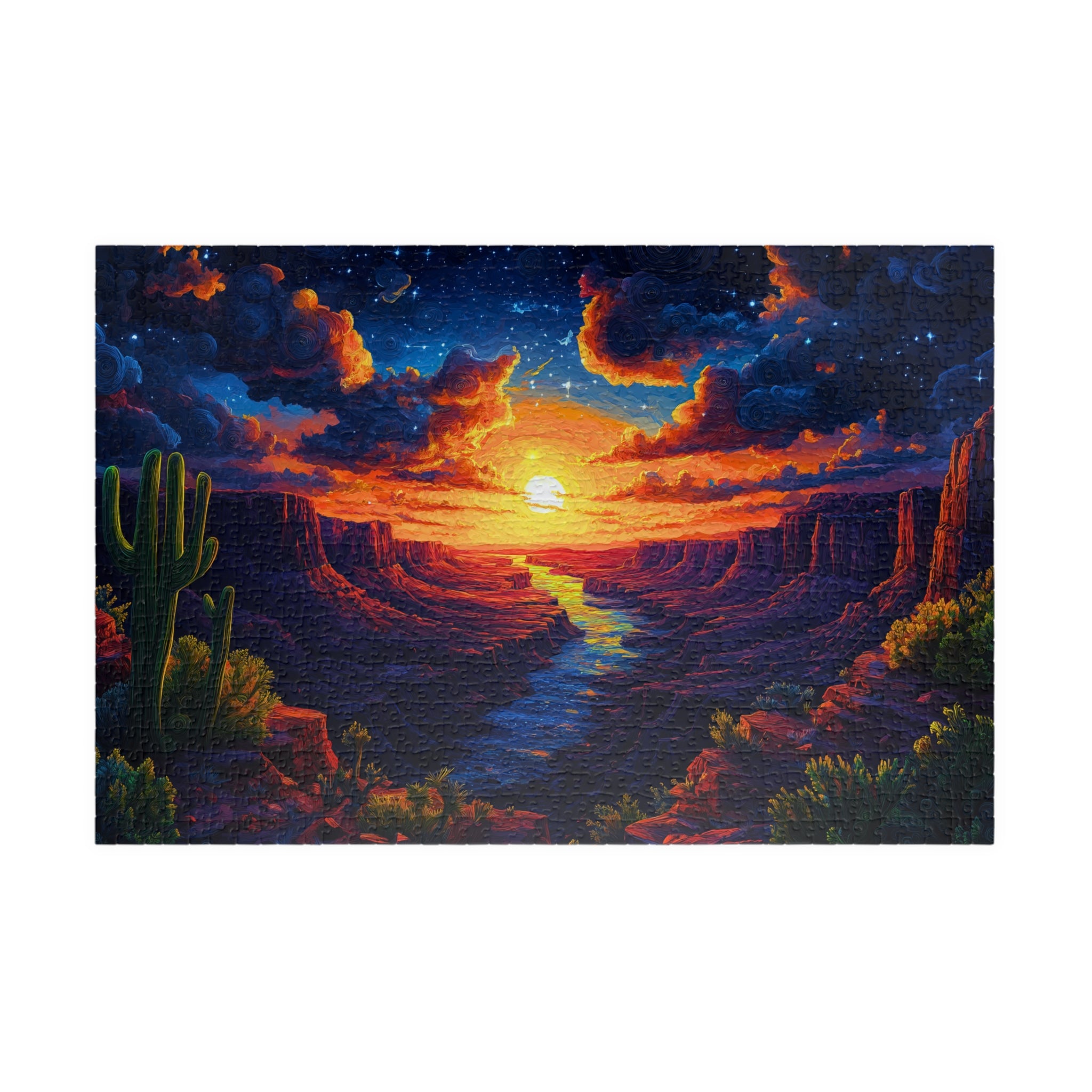Stunning Arizona Sunset 1014 Piece Art Puzzle by Printify, featuring a dramatic desert landscape with a glowing sunset, cliffs, and vibrant sky.