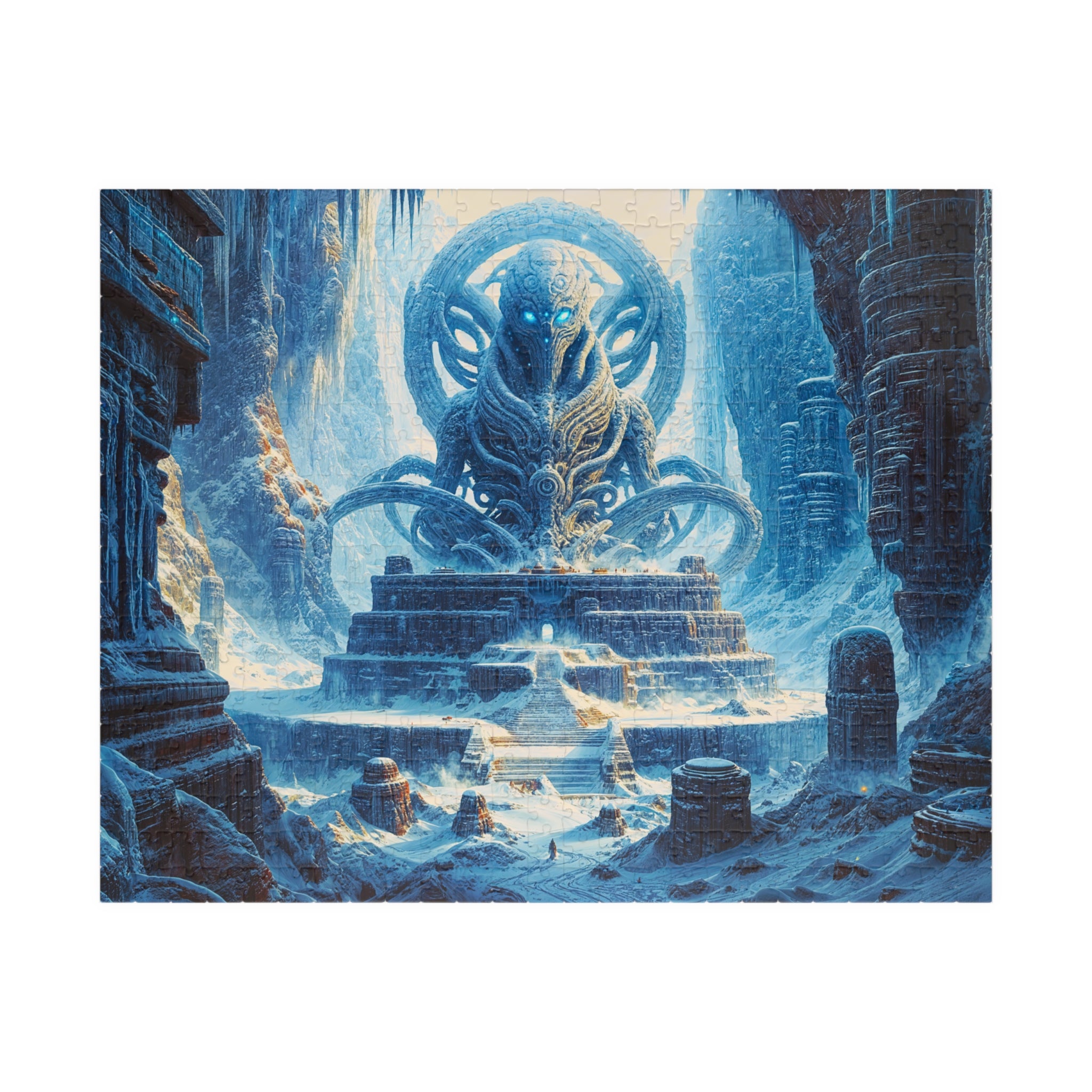 Alien Ruins — a stunning 520 Piece Art Puzzle by Printify, depicts a colossal extraterrestrial monument surrounded by a frozen ancient landscape, perfect for sci-fi enthusiasts.
