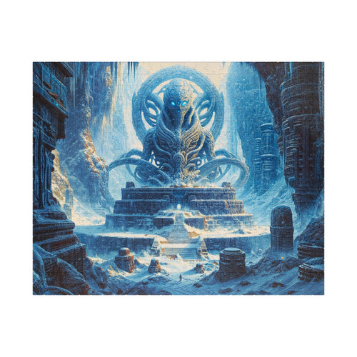 Alien Ruins — a stunning 520 Piece Art Puzzle by Printify, depicts a colossal extraterrestrial monument surrounded by a frozen ancient landscape, perfect for sci-fi enthusiasts.