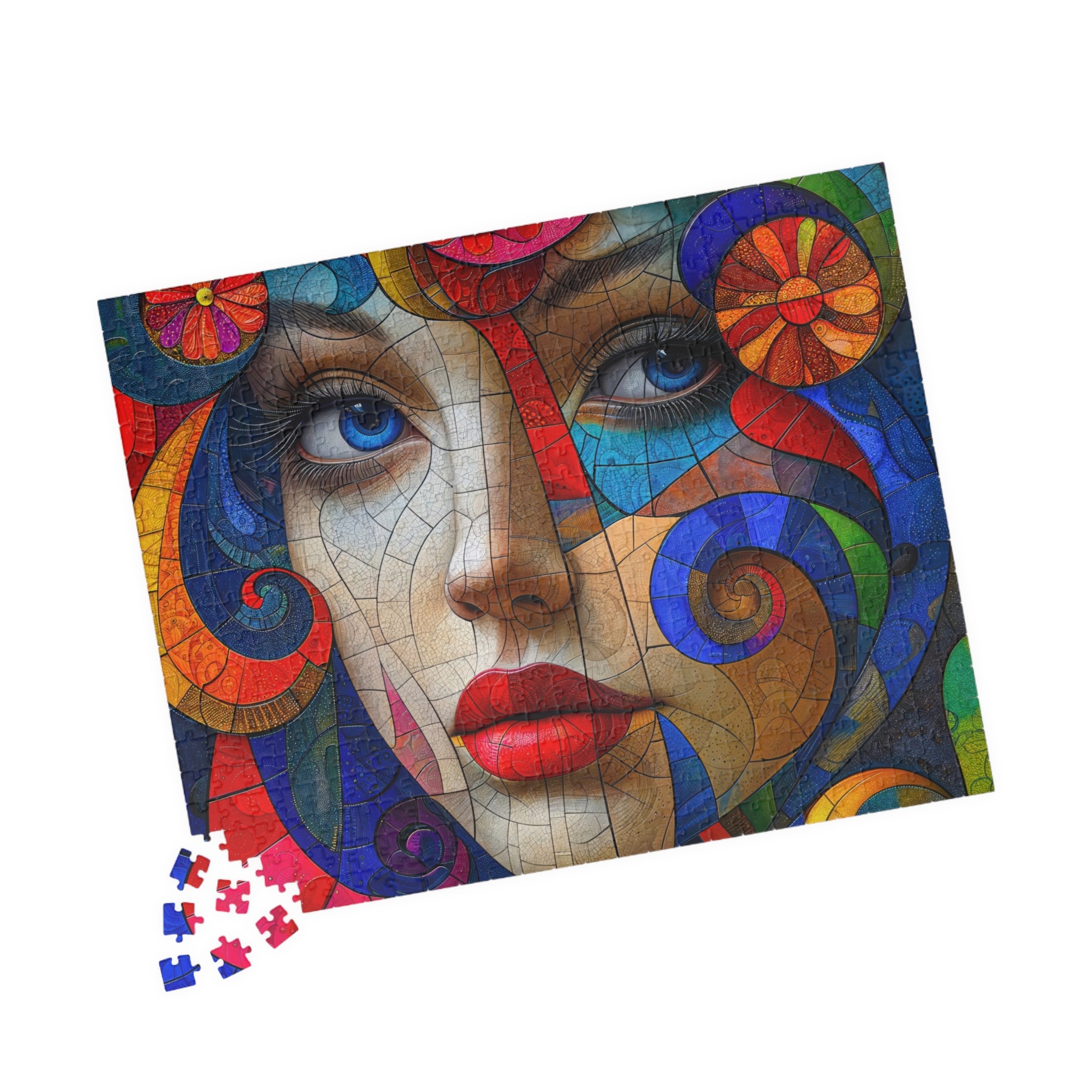 Blue Eyes Portrait 500 Piece Art Puzzle by Printify partially completed, highlighting the captivating woman's face with blue eyes and swirling patterns.