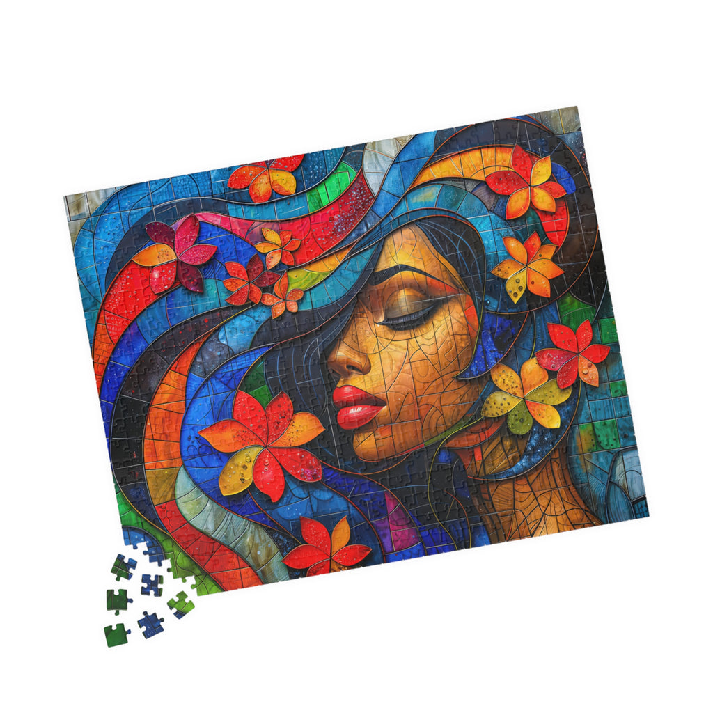 Colorful Beauty Queen puzzle pieces laid out beside the 500 Piece Art Puzzle box by Printify, illustrating the captivating design.
