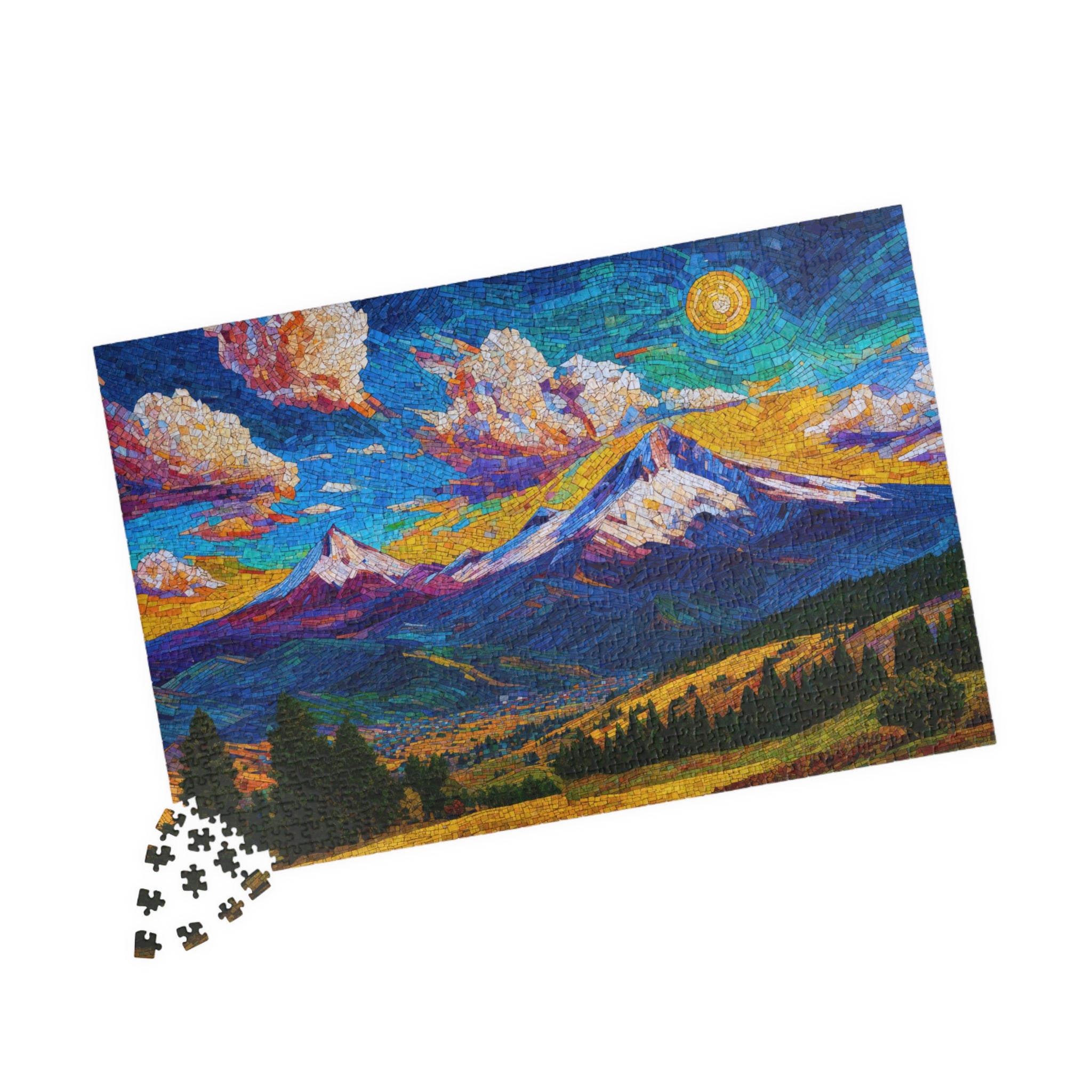 Completed vibrant mosaic of a mountain landscape under a sunset, showcasing the Mountain Paradise 1014 Piece Art Puzzle by Printify.