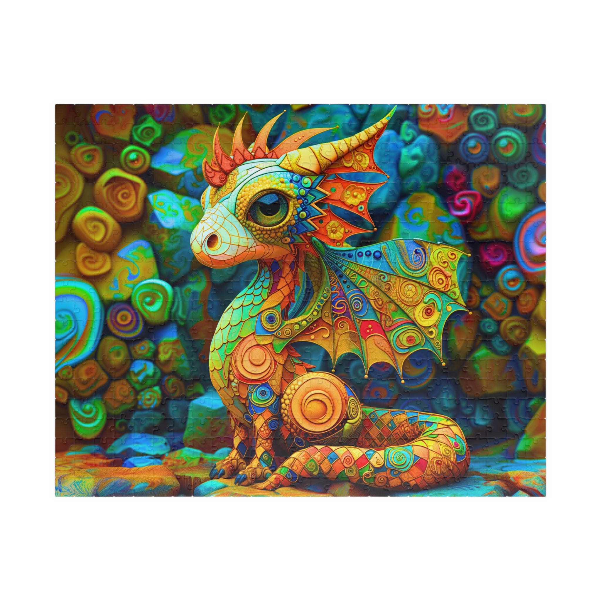Colorful Baby Dragon art puzzle by Printify, showcasing a vibrant fantasy dragon in a colorful, dreamlike background filled with swirling textures.