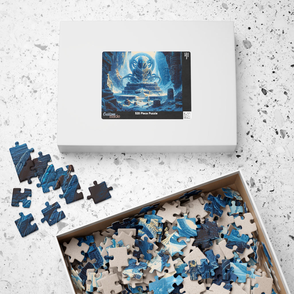 A beautifully designed packaging of the Alien Ruins 520 Piece Art Puzzle by Printify, showcasing a captivating extraterrestrial monument and vibrant blue puzzle pieces, perfect for sci-fi fans.