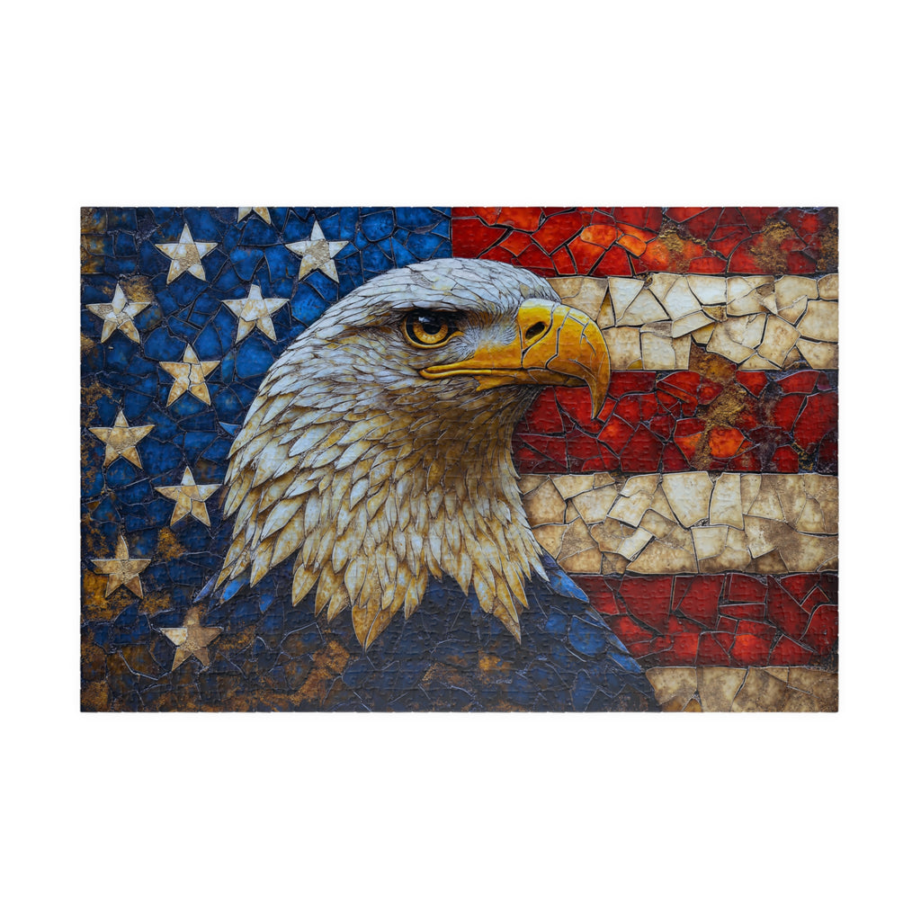 Mosaic Eagle Puzzle by Printify showcasing a detailed bald eagle against the American flag, ideal for patriotic decor and puzzle enthusiasts.