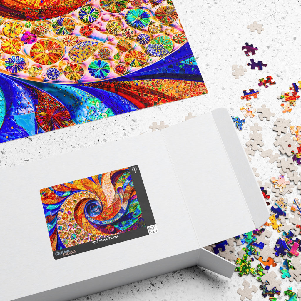 Packaging of the Abstract Fractals 1014 Piece Art Puzzle, featuring vivid artwork and puzzle pieces, designed by Printify.