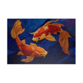 Koi Dance 1014 Piece Art Puzzle featuring two intricately designed koi fish in warm golden tones against a deep blue background. Designed by Printify.