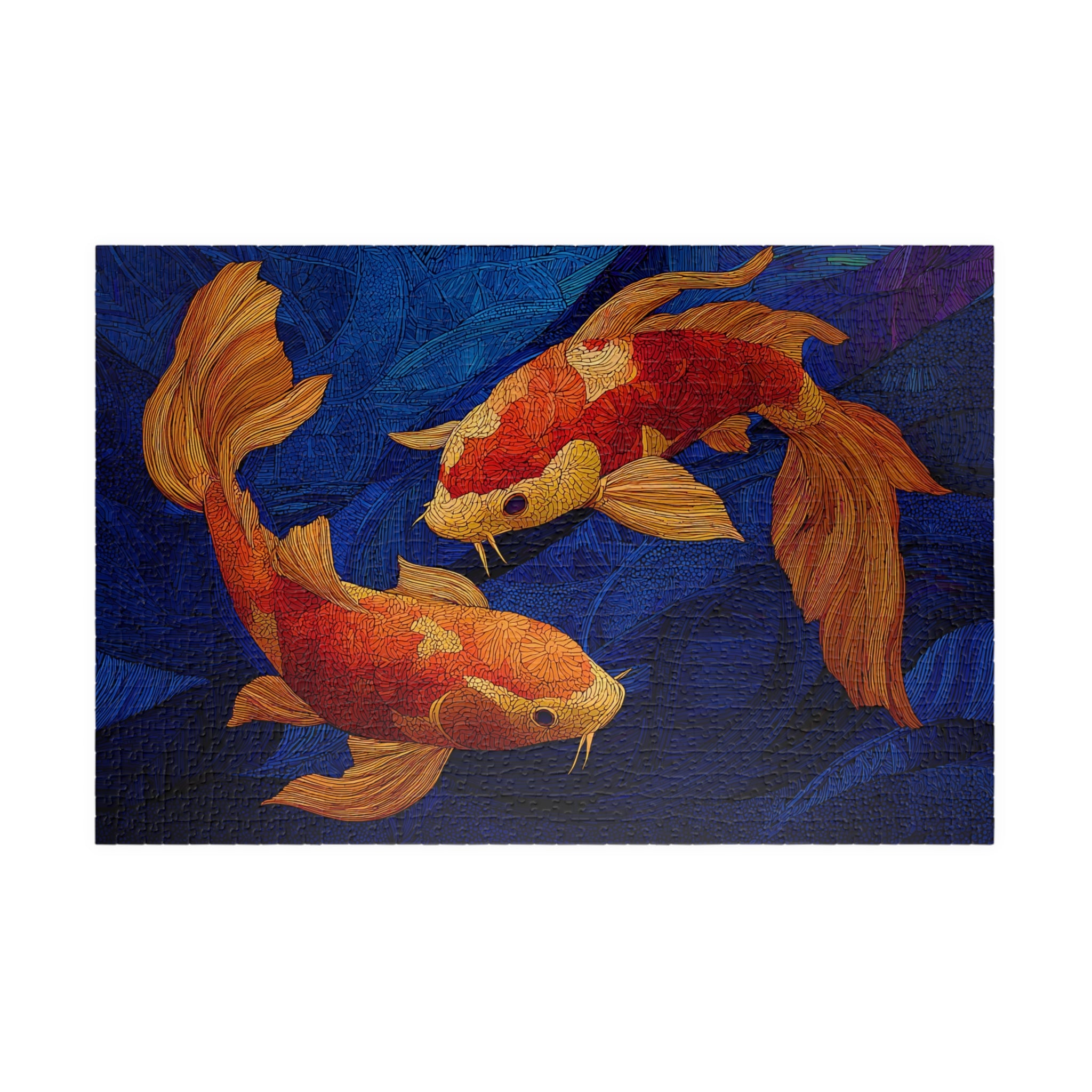 Koi Dance 1014 Piece Art Puzzle featuring two intricately designed koi fish in warm golden tones against a deep blue background. Designed by Printify.