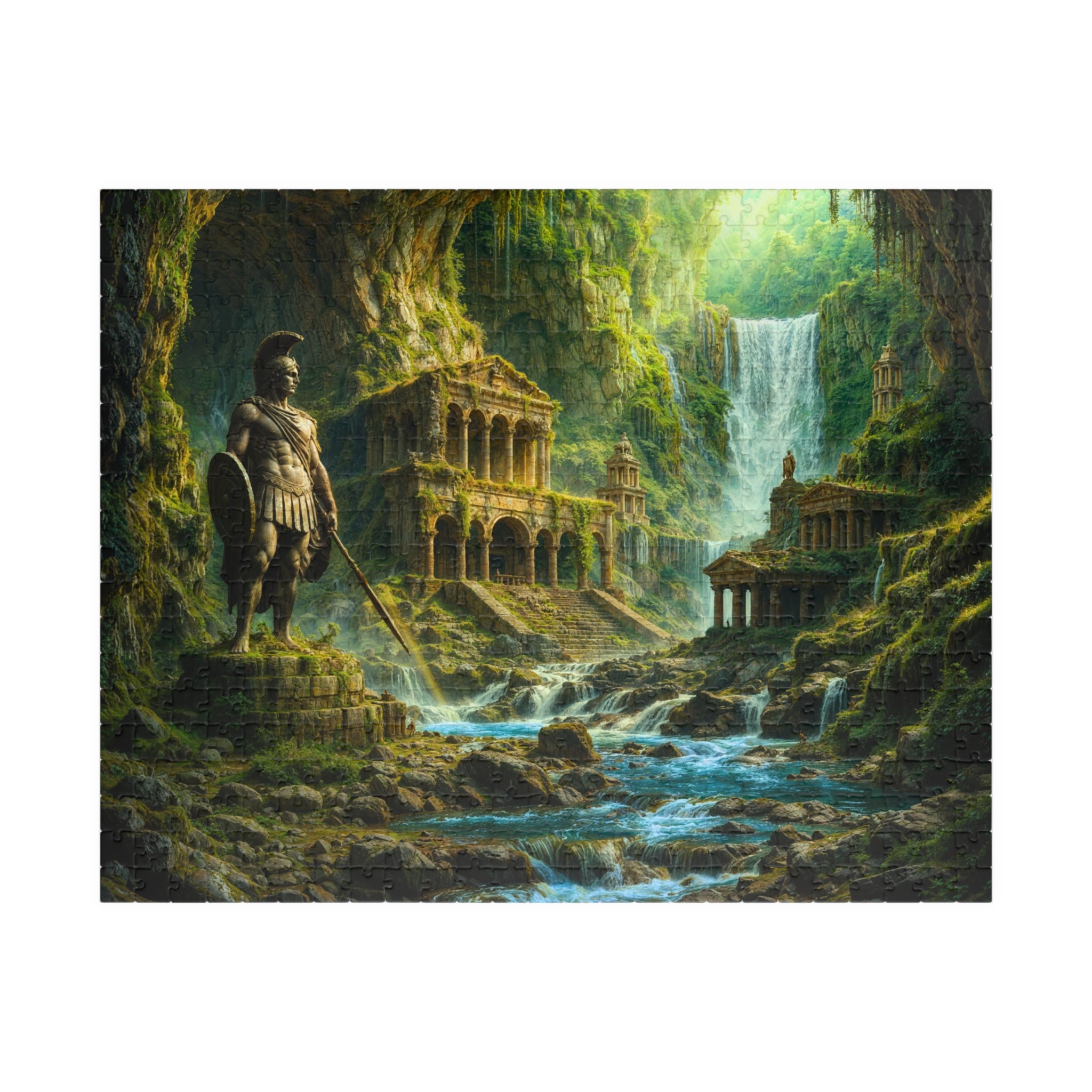 Spartan Ruins jigsaw puzzle by Printify featuring a stunning scene of ancient architecture, towering warrior statues, and a lush waterfall landscape, perfect for puzzle lovers and fans of mythology.