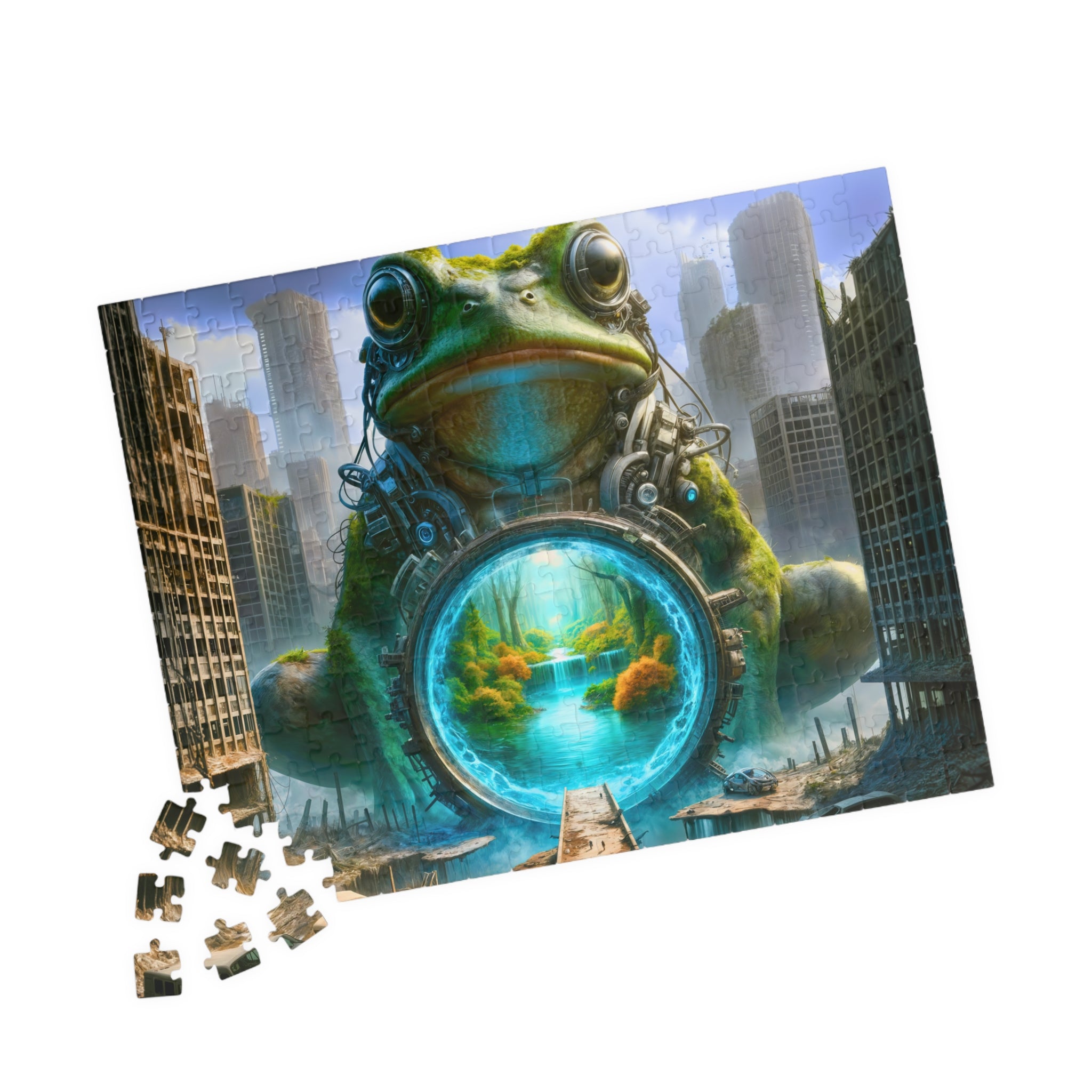 Frog Portal Puzzle by Printify with pieces scattered around, highlighting the detailed design of a frog and serene portal surrounded by a city skyline.