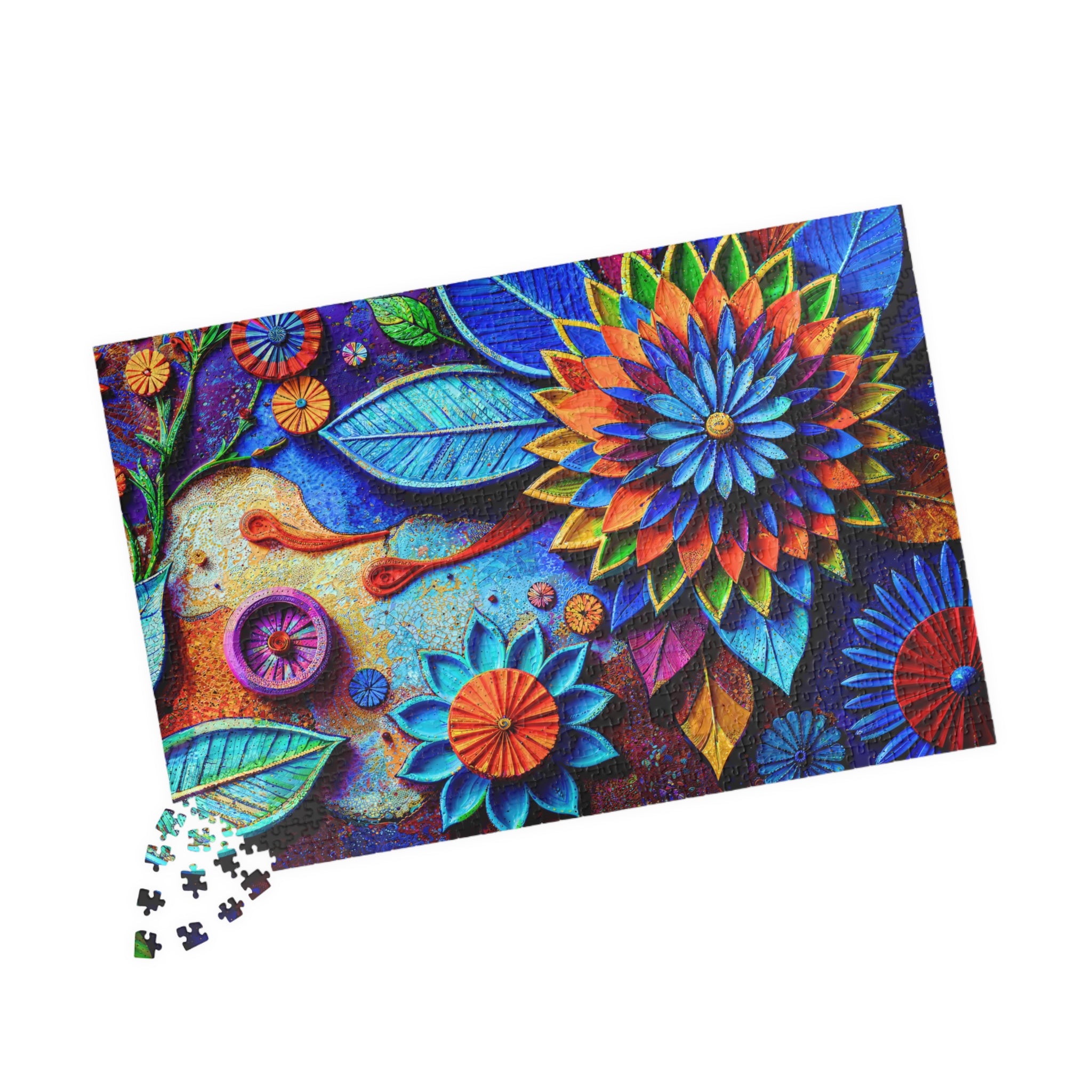 Vibrant Flower Pattern jigsaw puzzle showcasing intricate floral designs and bold colors by Printify, titled '1014 Piece Art Puzzle | Vibrant Layered Floral Geometry Jigsaw'.
