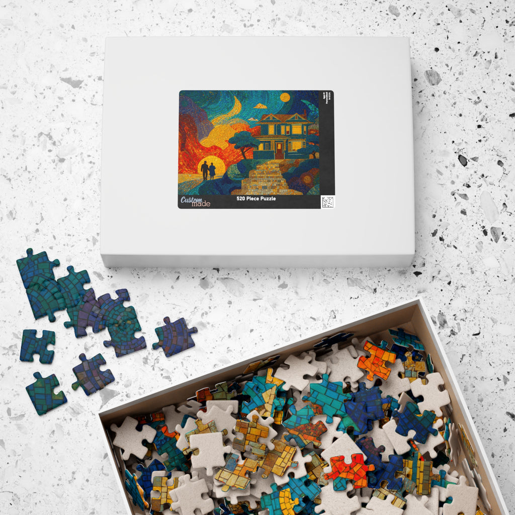 Box of Mosaic Retirement 520 Piece Art Puzzle by Printify showcasing colorful puzzle pieces and the vibrant sunset artwork. Ideal for a relaxing puzzle experience.