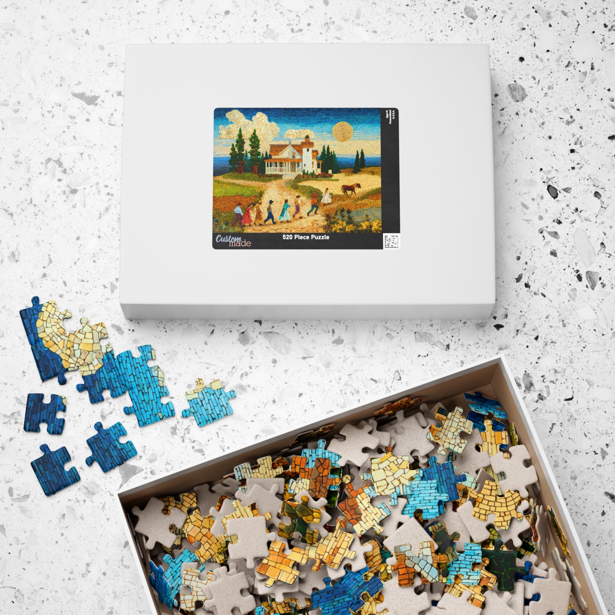 Mosaic Farm 520 Piece Art Puzzle in a box on a textured surface, with scattered puzzle pieces around, by Printify.
