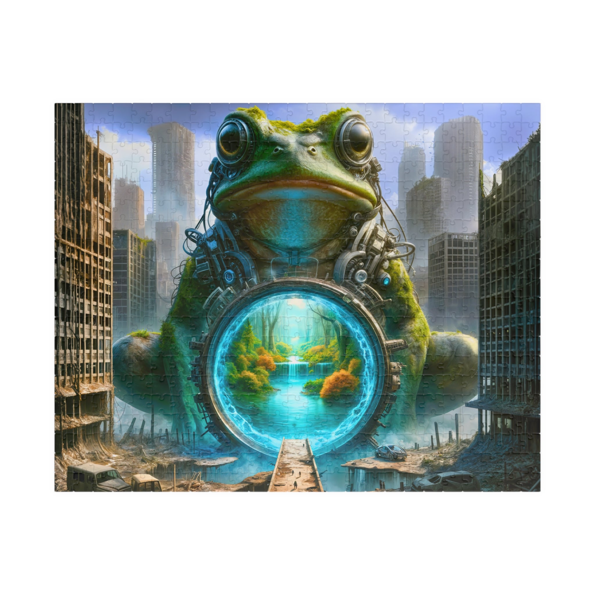 Close-up of the Frog Portal 250 & 500 Piece Puzzle from Printify, featuring vibrant colors and intricate details of a frog and glowing portal in an imaginative landscape.