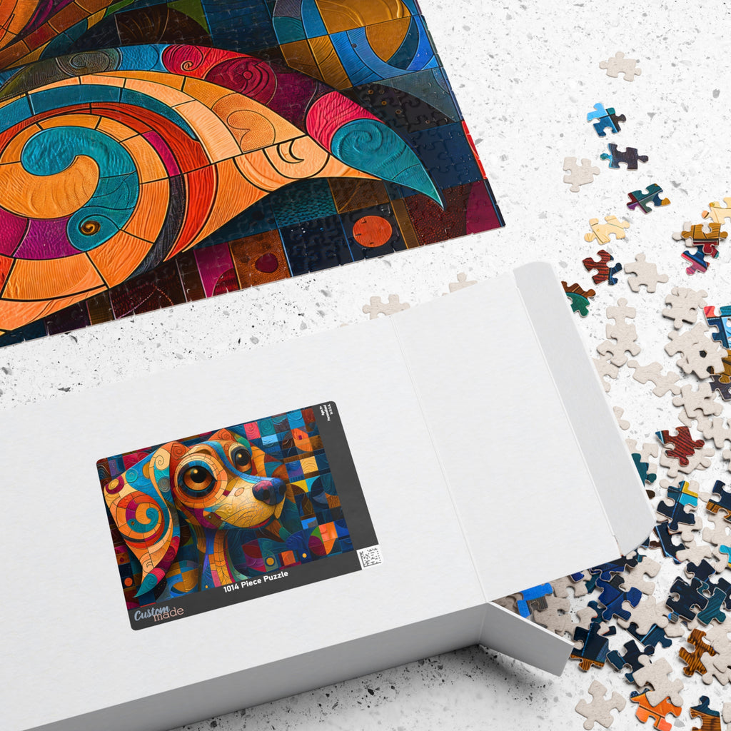 Box of Cute Dog — 1014 Piece Art Puzzle by Printify, showing the dog mosaic art on the cover and assembled pieces scattered around.