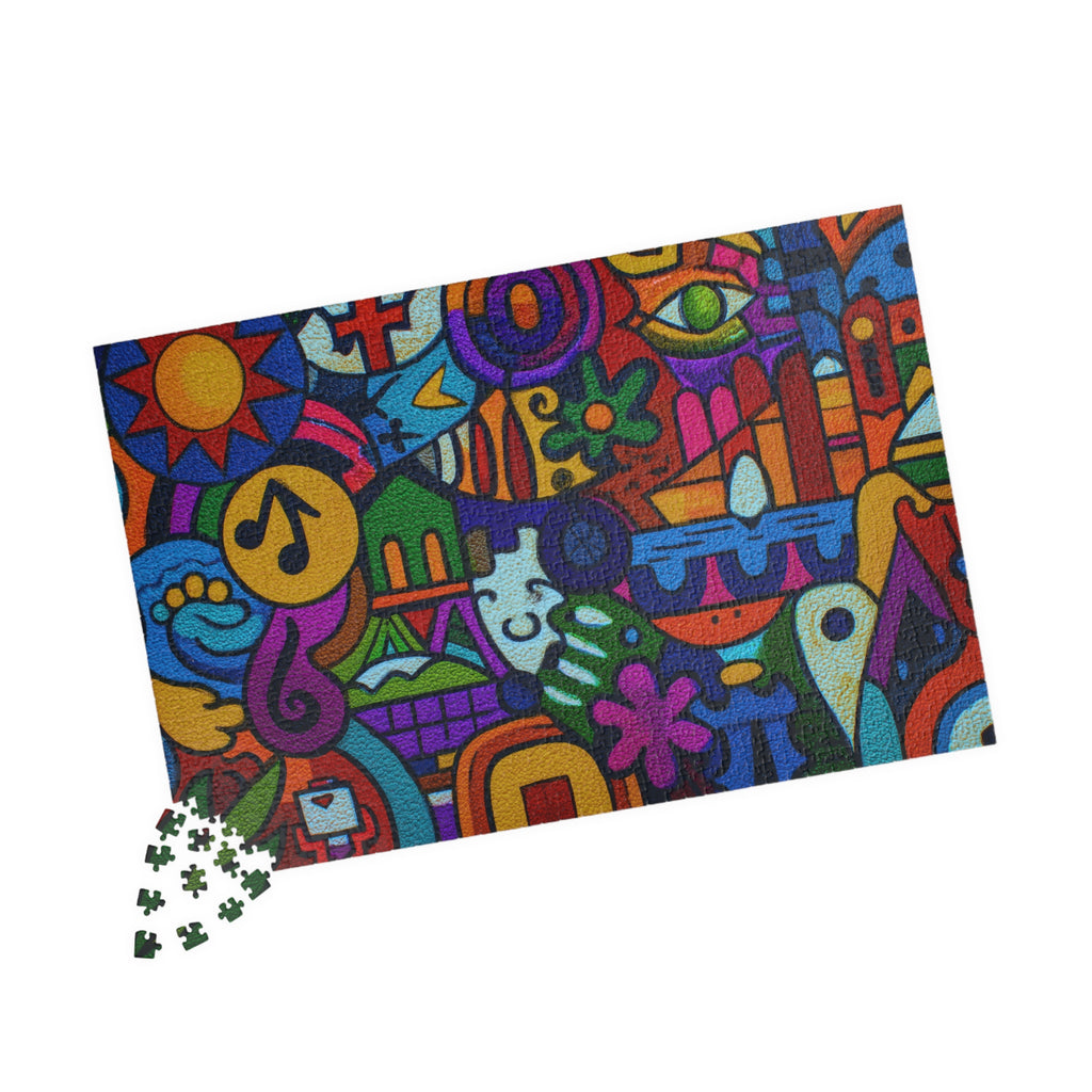 Vibrant and colorful jigsaw puzzle layout featuring abstract shapes and designs, part of Printify's Leather Abstract — 1014 Piece Art Puzzle collection.