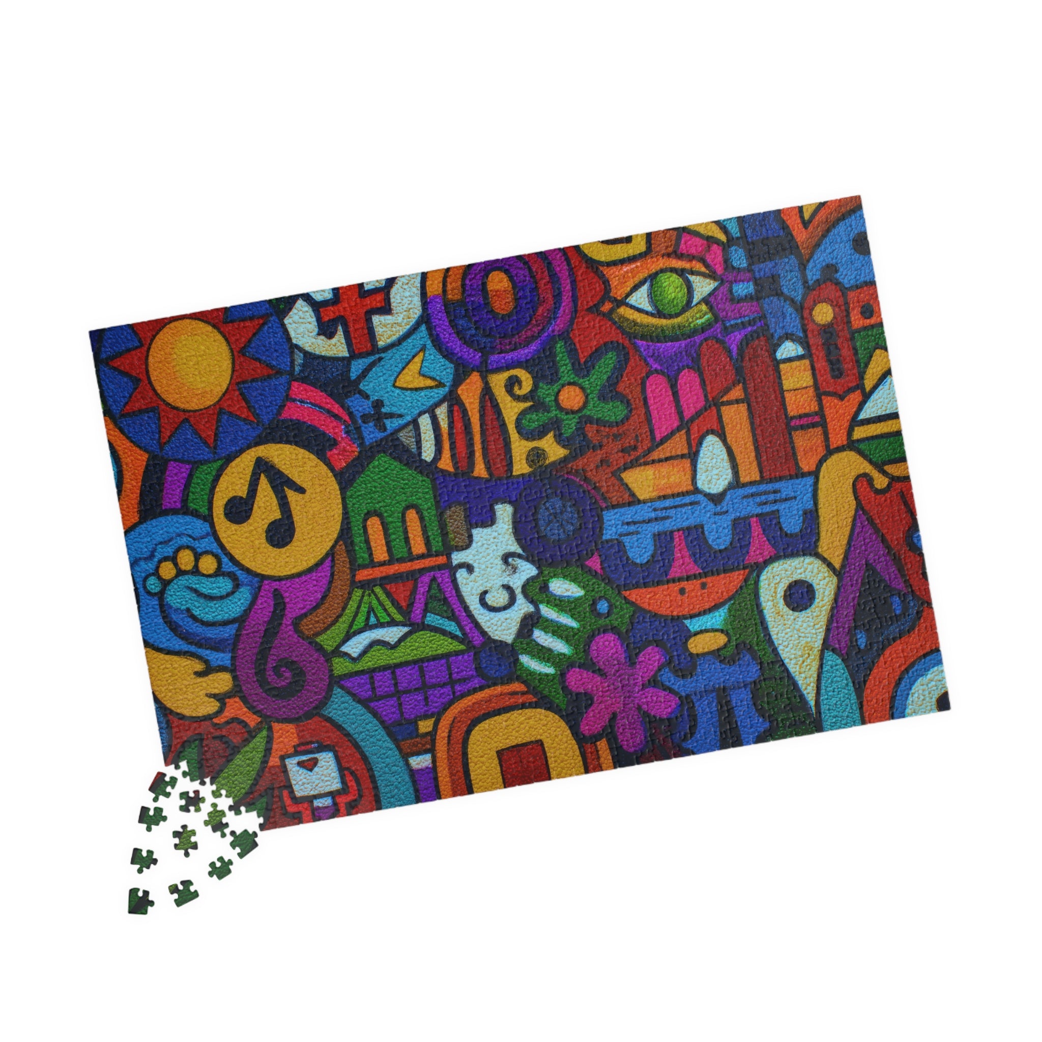 Vibrant and colorful jigsaw puzzle layout featuring abstract shapes and designs, part of Printify's Leather Abstract — 1014 Piece Art Puzzle collection.