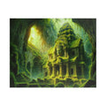 Ancient Temple jigsaw puzzle artwork showcasing majestic jungle ruins reclaimed by nature, featuring moss-covered stone arches and intricate carvings, designed by Printify.