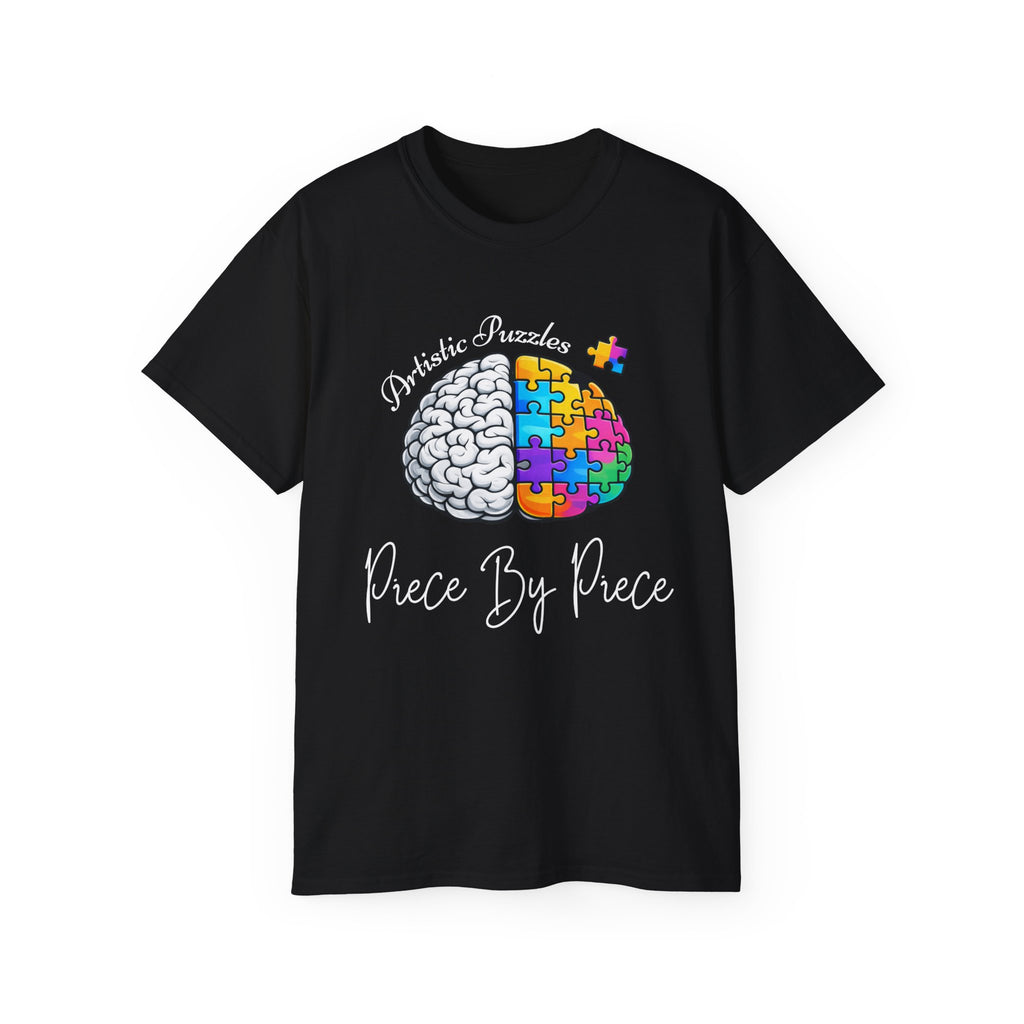 Artistic Puzzles 'Piece By Piece' Signature Brain Tee featuring a vibrant split brain design on a black t-shirt, made by Printify.