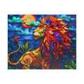 Vibrant mosaic artwork of a lion in a colorful design featuring rich textures and bright colors, perfect for puzzle lovers. Colorful Lion puzzle by Printify.