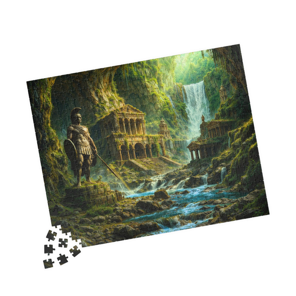 Completed Spartan Ruins 520 Piece Art Puzzle by Printify featuring ancient ruins, waterfalls, and a warrior statue in a lush landscape.