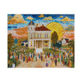Vibrant scene of the Mosaic Town Square 520 Piece Art Puzzle by Printify, showcasing a lively village gathering beneath a glowing sunset with detailed mosaic art.