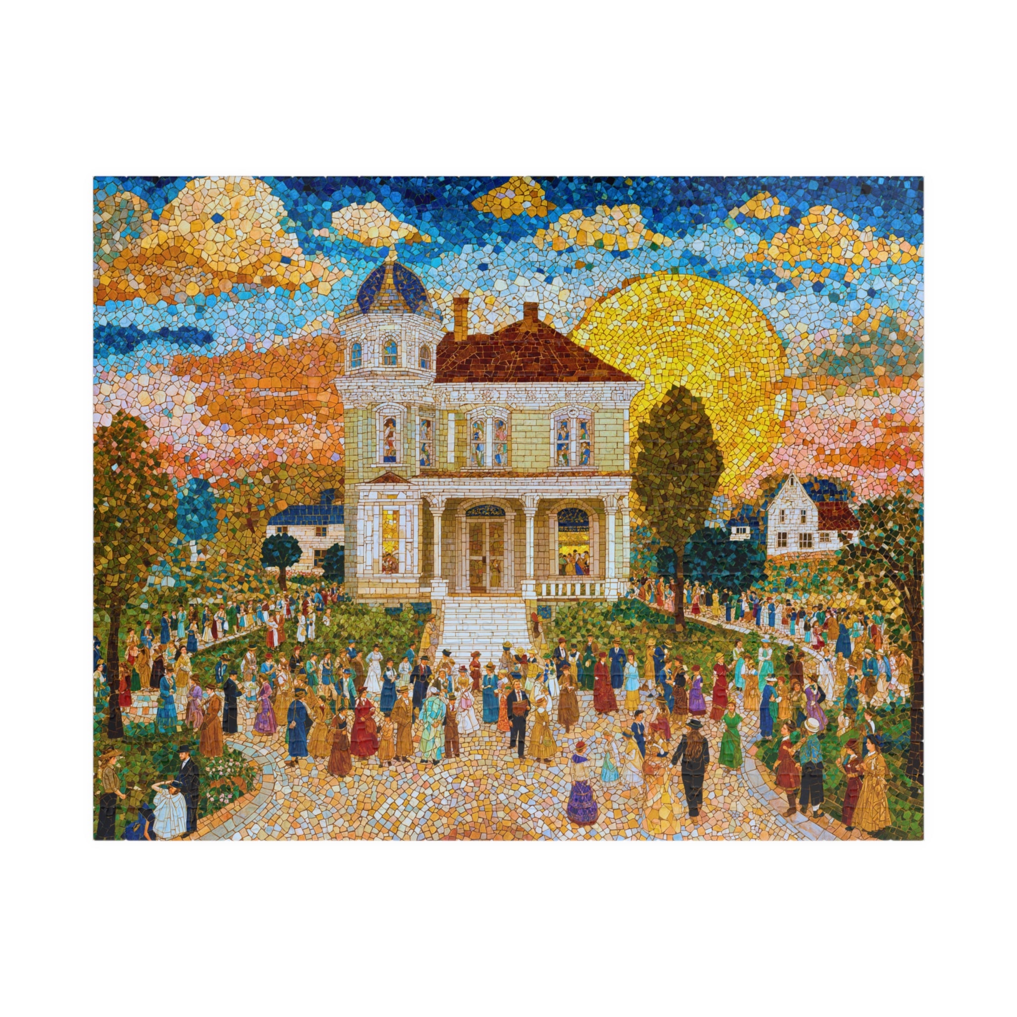 Vibrant scene of the Mosaic Town Square 520 Piece Art Puzzle by Printify, showcasing a lively village gathering beneath a glowing sunset with detailed mosaic art.