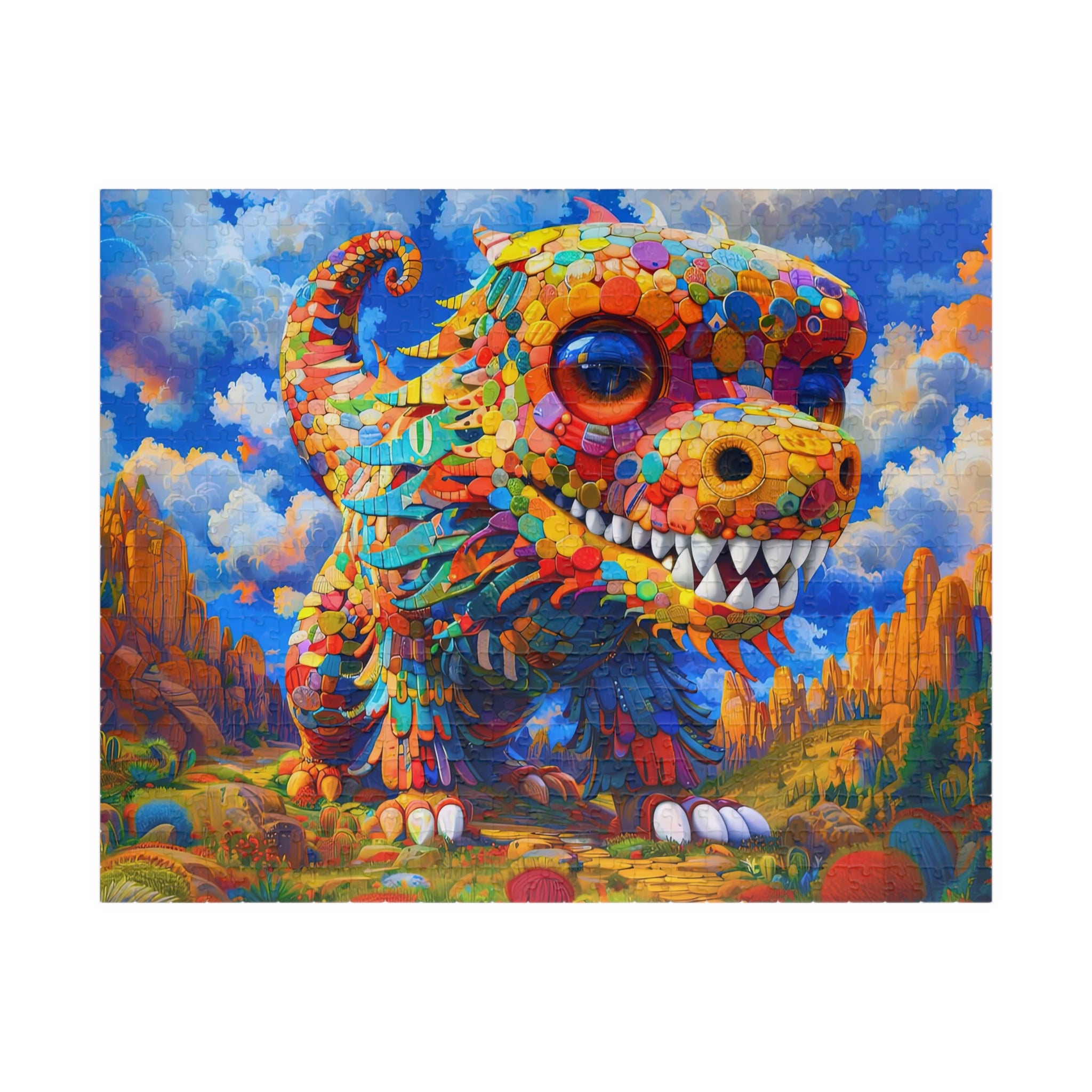 Colorful Dog 520 Piece Art Puzzle by Printify featuring a vibrant and whimsical fantasy creature made of mosaic textures against a dreamlike landscape.