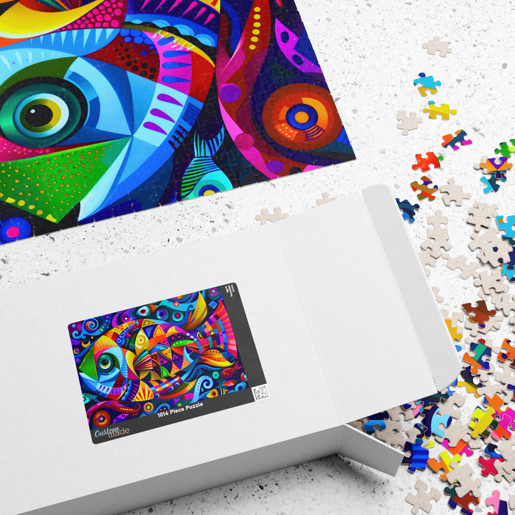 Open box of Printify's Art Deco Fish 1014 Piece Art Puzzle, showcasing the colorful puzzle artwork and scattered pieces on a clean surface.