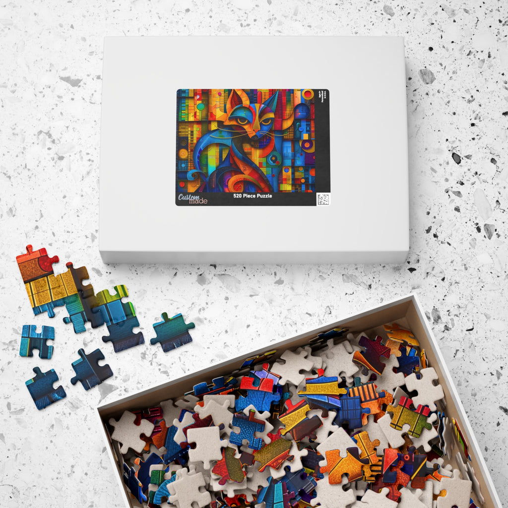 Packaging for Mr. Cat 520 Piece Art Puzzle by Printify, featuring the vibrant cat design alongside scattered puzzle pieces.