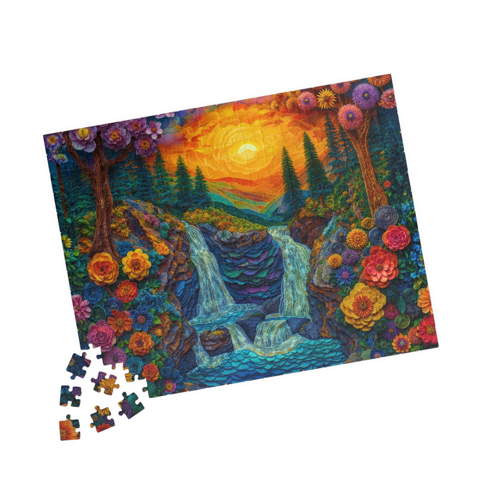 Completed Mountain Flowers puzzle displayed as beautiful wall art, ideal for decor and gift for nature enthusiasts.