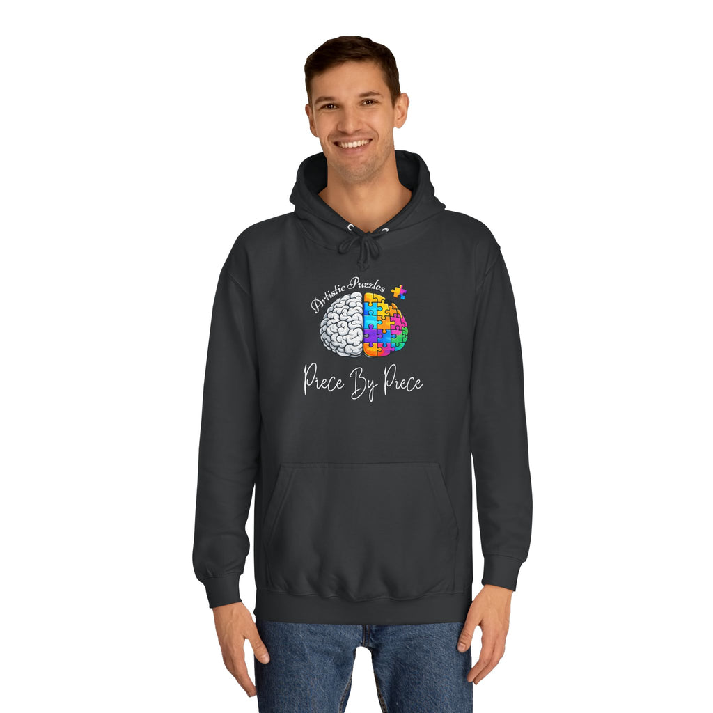 Model wearing the Artistic Puzzles ‘Piece By Piece’ Signature Brain Hoodie by Printify, highlighting the vibrant brain design and functional kangaroo pocket.