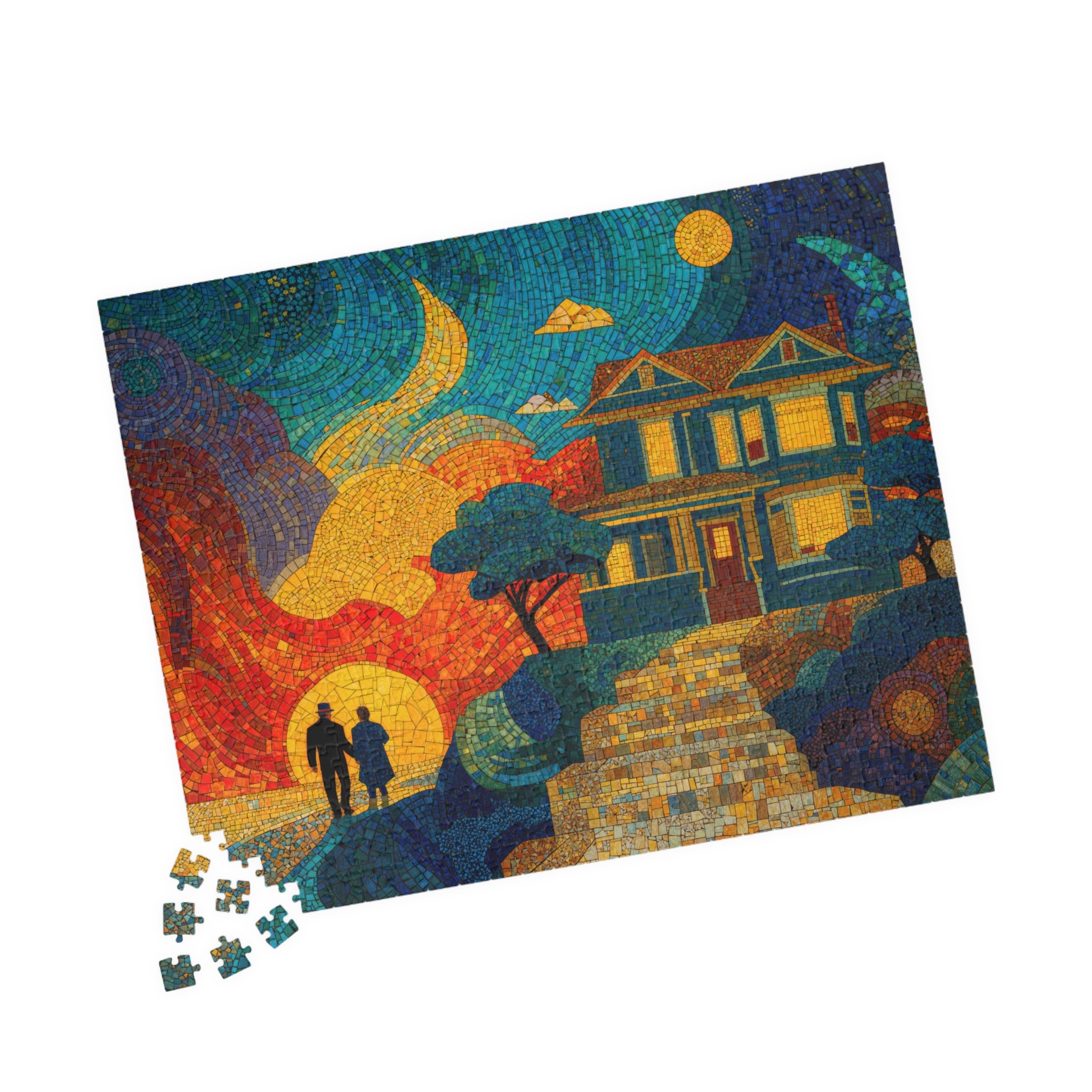 Mosaic Retirement 520 Piece Art Puzzle by Printify featuring a tranquil sunset scene with a couple walking near a warm, colorful home. Perfect for art lovers and puzzle enthusiasts.