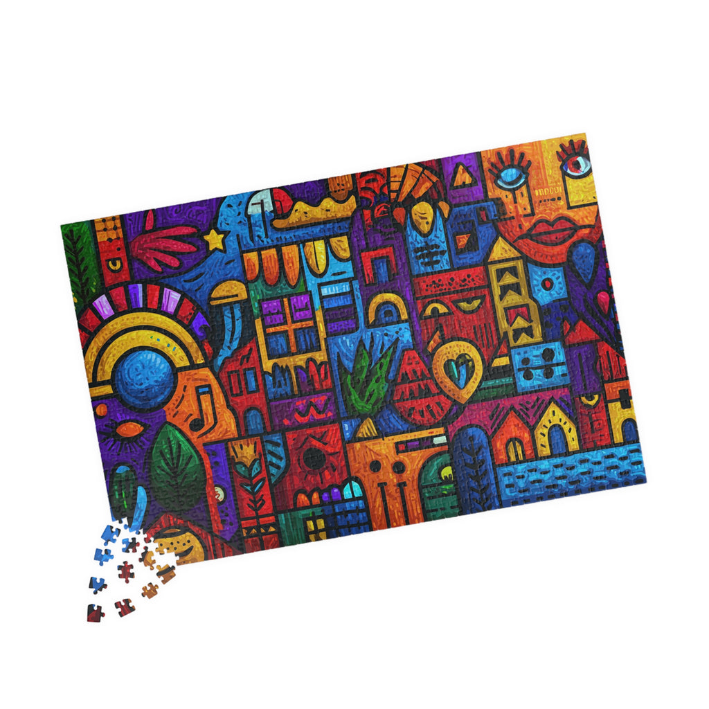 Colorful artwork from the Abstract Blocks 1014 Piece Art Puzzle by Printify, featuring a bold geometric design with vibrant shapes and textures.
