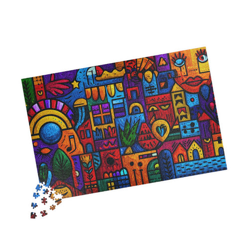 Colorful artwork from the Abstract Blocks 1014 Piece Art Puzzle by Printify, featuring a bold geometric design with vibrant shapes and textures.