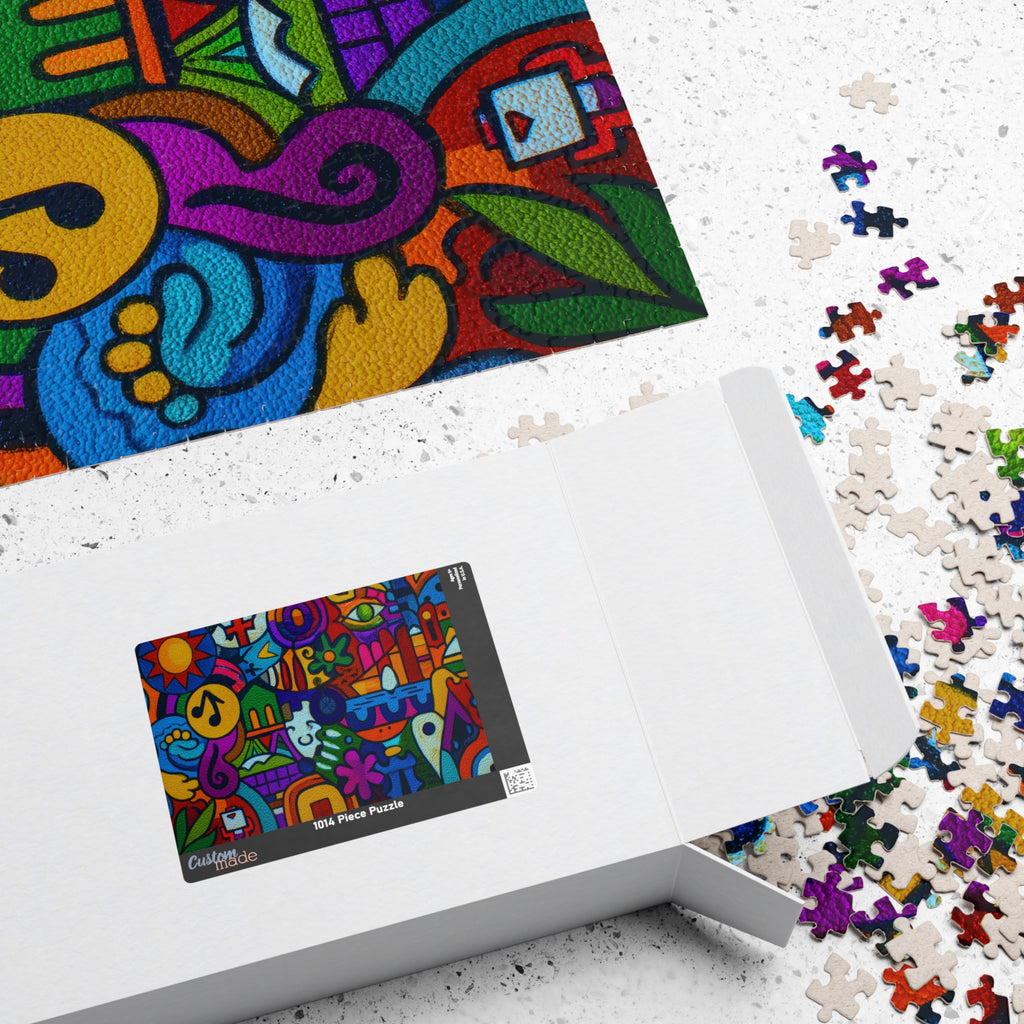 The box design of the Leather Abstract — 1014 Piece Art Puzzle from Printify, displayed with scattered colorful puzzle pieces, perfect for modern art lovers.