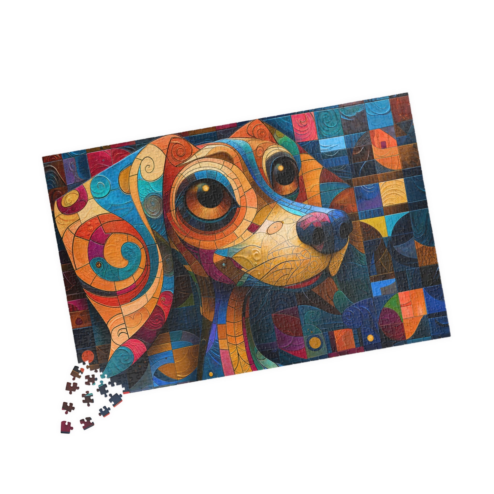 Colorful completed puzzle featuring a vibrant mosaic puppy portrait from the Cute Dog — 1014 Piece Art Puzzle by Printify, next to scattered puzzle pieces.