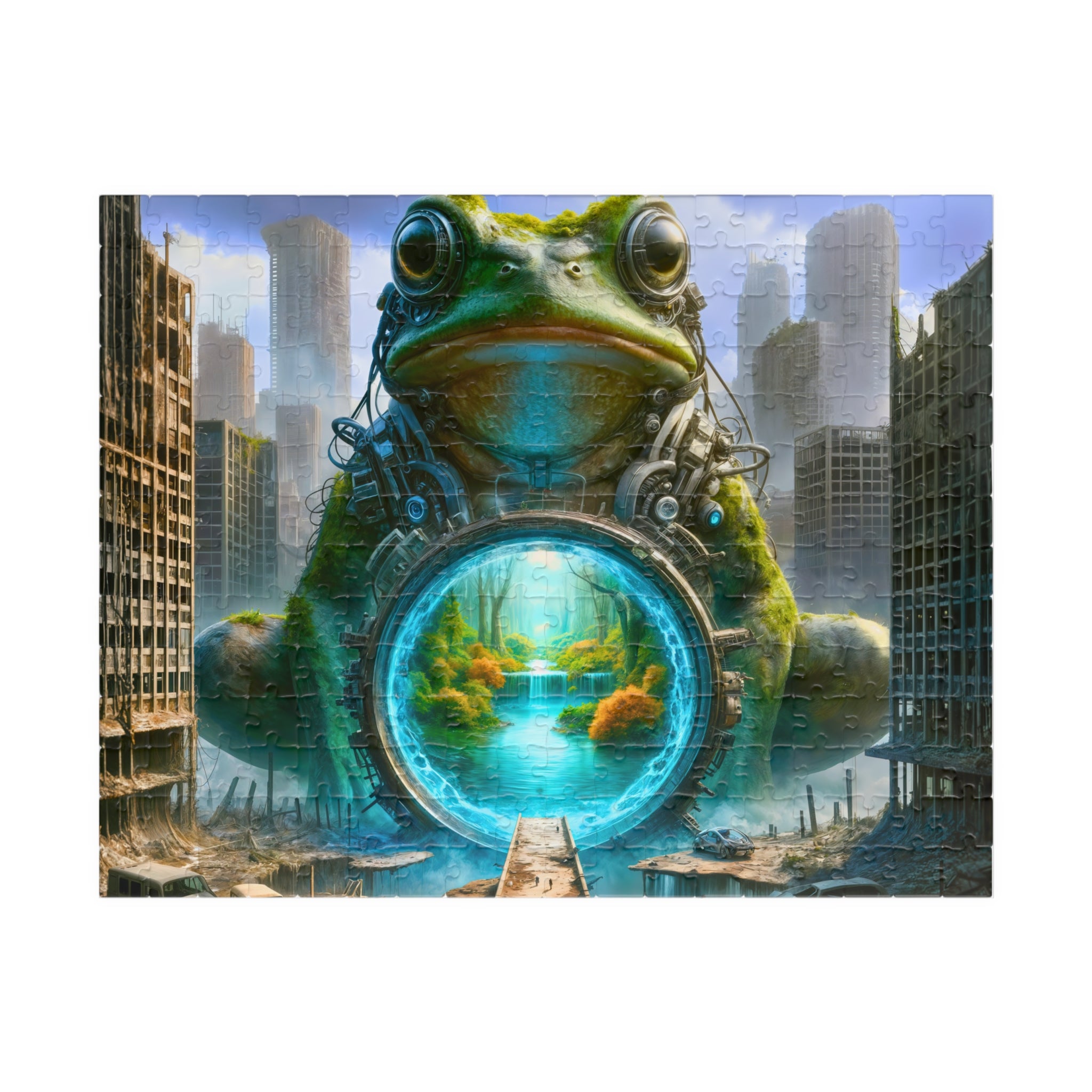 Frog Portal 250 & 500 Piece Puzzle by Printify showcasing a giant frog guarding a magical portal in a surreal cityscape. Perfect for puzzle lovers and art enthusiasts.