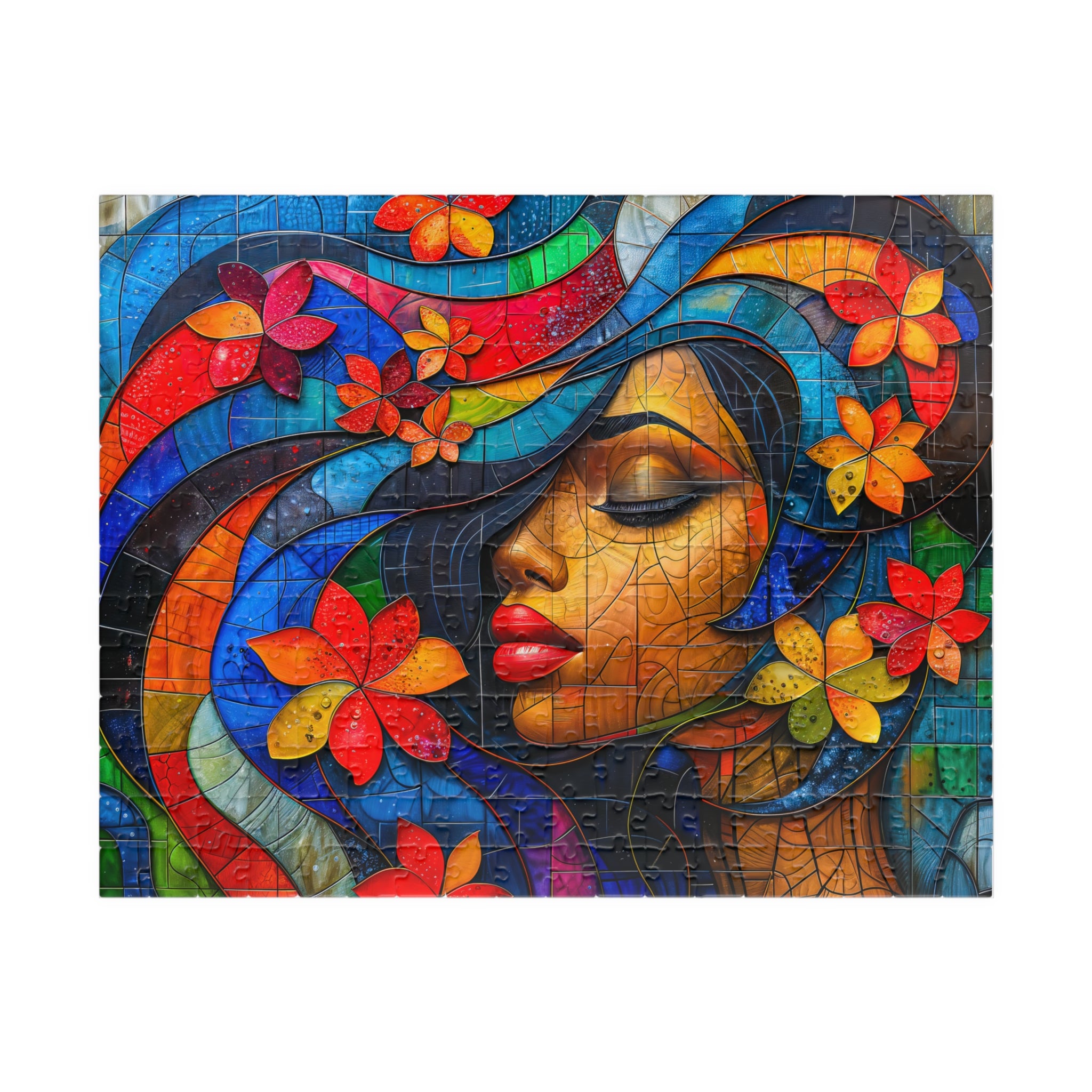 Colorful close-up of the Beauty Queen 250 & 500 Piece Art Puzzle by Printify, showcasing vibrant flowers and a serene figure in a modern portrait design.