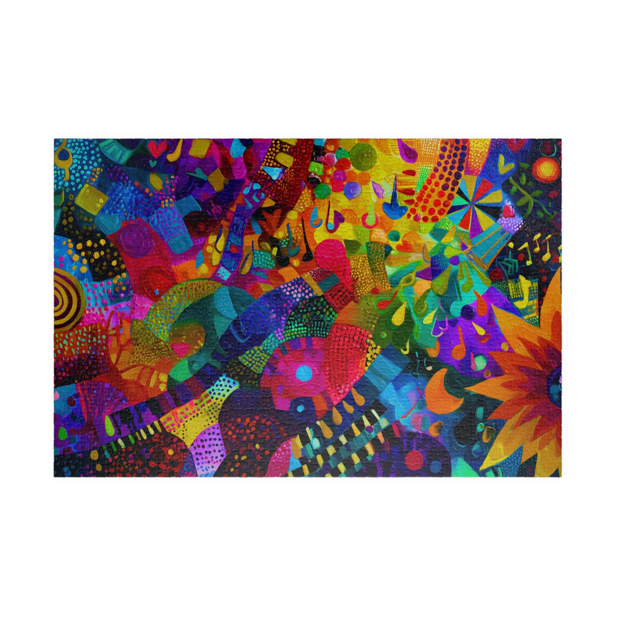 Colorful abstract artwork from the Impossible Abstract puzzle by Printify, showcasing vibrant shapes and patterns in a striking composition.