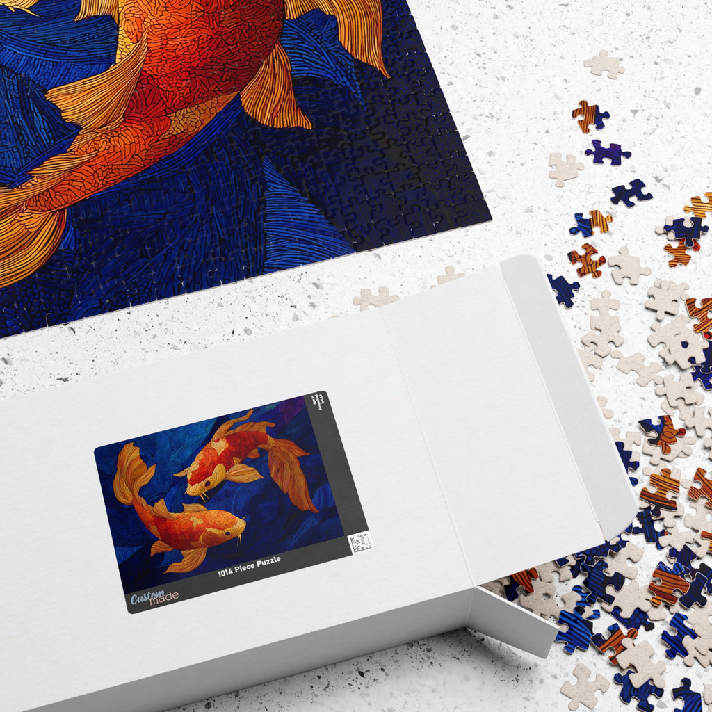 Koi Dance 1014 Piece Art Puzzle in an elegant box, with the artwork displayed and pieces nearby. Designed by Printify.
