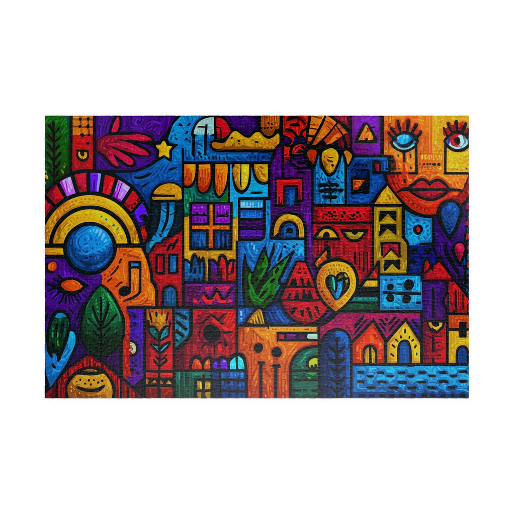 Vibrant and colorful abstract artwork featuring geometric shapes and patterns, part of the Abstract Blocks 1014 Piece Art Puzzle by Printify.