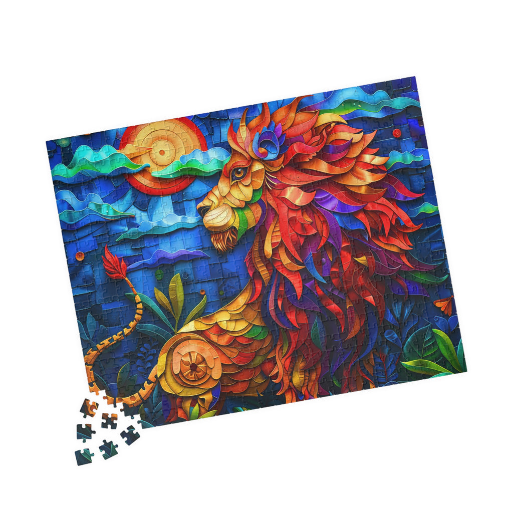 Spread of the Colorful Lion jigsaw puzzle with colorful pieces and the lion's majestic design, ideal for art enthusiasts and puzzle fans by Printify.