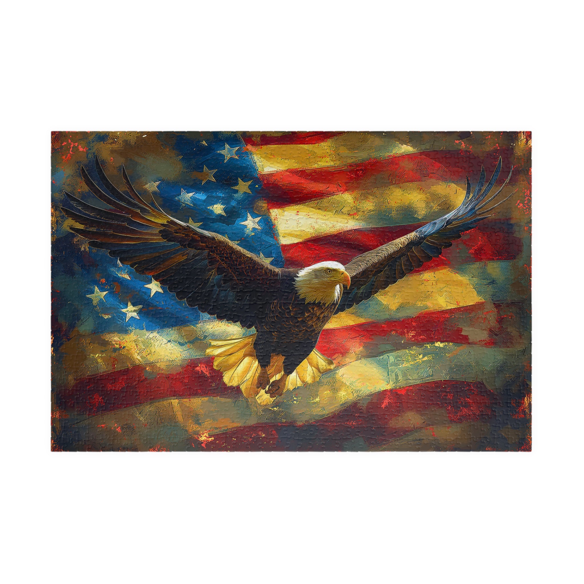 Majestic bald eagle soaring over the American flag, depicted in a vibrant 1014 piece art puzzle by Printify, titled 'Freedom — 1014 Piece Art Puzzle'.